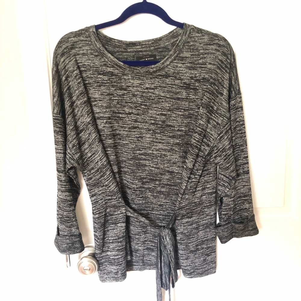 HEATHER GREY LUCKY BRAND TIE SWEATER